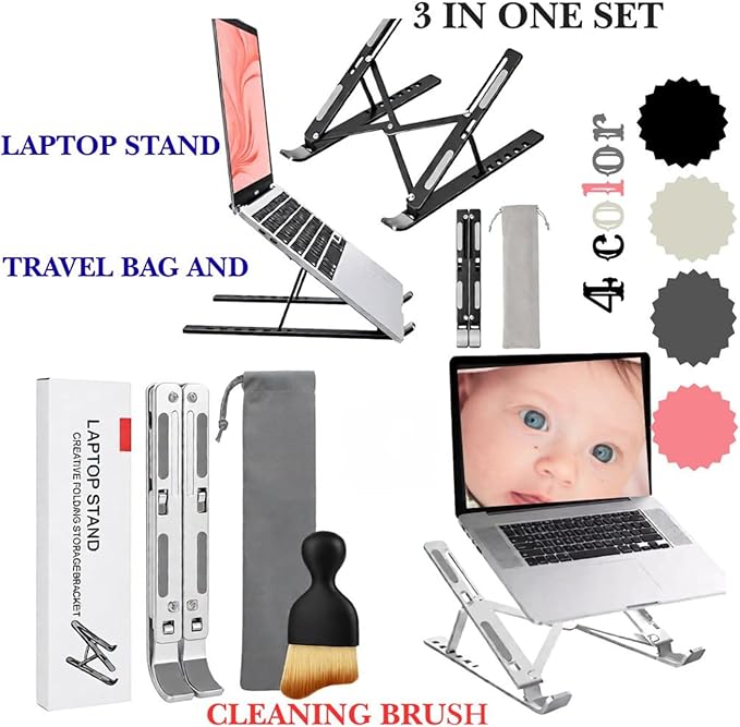 Adjustable Laptop Stand with Cleaning Brush – Aluminum Alloy Ergonomic Riser, Foldable & Portable Ventilated Notebook Holder for Desk, Fits Laptops up to 17.3" -(10 levels)23.6"MODEL (PINK)