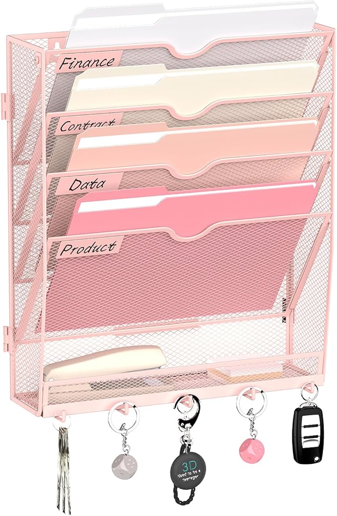 5 Tier Wall File Organizer - Hanging File Organizer with 5 Hooks, Mail Holder Wall Mounted for Papers, Folders, Magazines, Bills, Office&School Organization, Pink