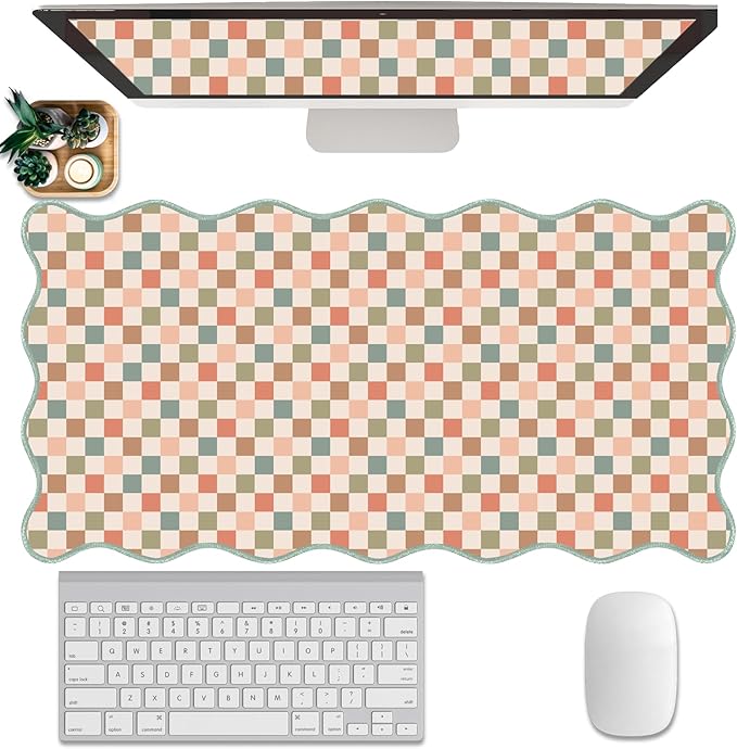 Scalloped Desk Mat Extended Large Cute Mouse Pad XXL Aesthetic Desk Pad Boho Plaid Mousepad Retro Beige Checkered Mouse Pad for Keyboard Computer Stitched Edges Non-Slip Home Office 31.5X15.7Inch