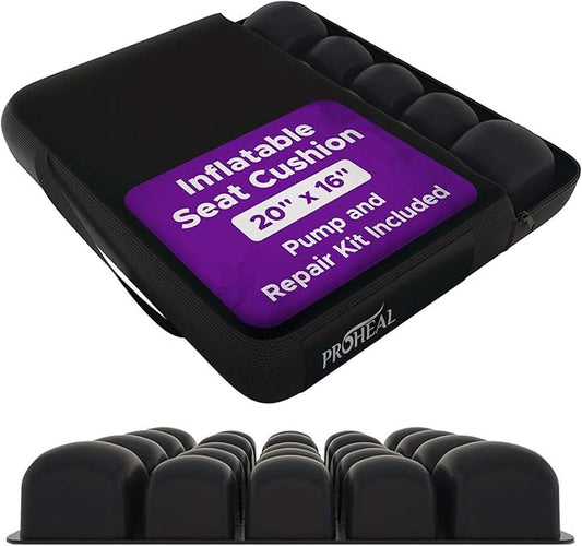 Inflatable Wheelchair Seat Cushion 20 x 16 x 3" - Pressure Sore Relief Air Cushion for Wheel Chair With Interconnected 3" Cells - Breathable Nylon Cover, Includes Pump, Repair Kit - 315lbs Capacity