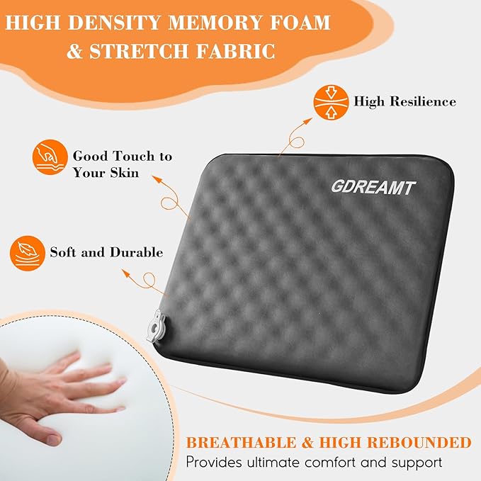 Inflatable Seat Cushion, Self-Inflating Memory Foam Stadium Seats Cushion Portable Camping Air-Foam Sitting Pad for Travel Airplane Car Bleachers Backpacking Office, Lightweight & Compact