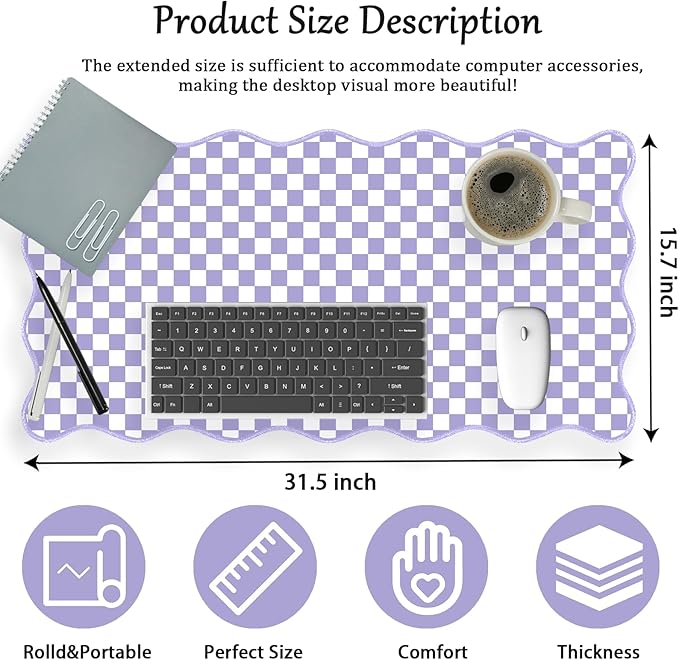 Scalloped Desk Mat Extended Large Cute Mouse Pad Big Desk Pad XXL Aesthetic Kawaii Plaid Mousepad Checkered Mouse Pad for Keyboard Computer Laptop Home Office Accessories Girl 31.5X15.7Inch Purple