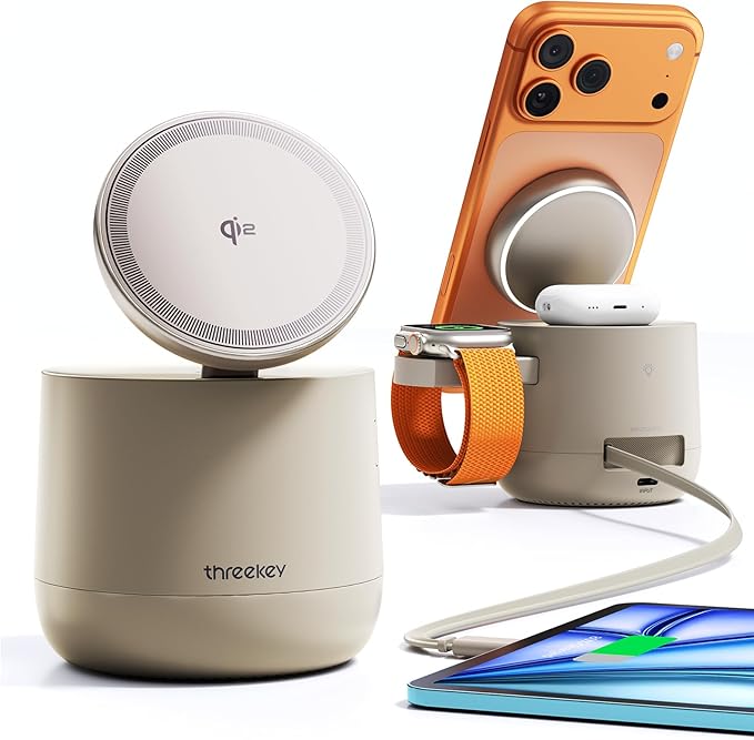THREEKEY 4 in 1 Qi2 Magnetic Wireless Charging Station for MagSafe, 15W Fast Charger with Made for Apple Watch Charging Module, for iPhone 17–12 Series & AirPods, 65W Adapter Included