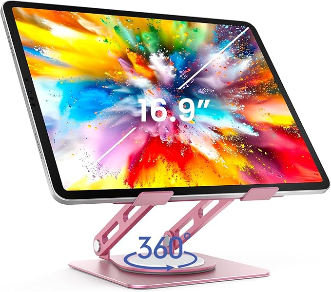 LOXP Metal Tablet Stand, 360 Rotating iPad Stand with Heavy-Duty Base, Tablet Holder Compatible with 4.0-16.9" Device, 2025 iPad Pro Air Mini, Kindle, Surface Tablet, Portable Monitors - Pink