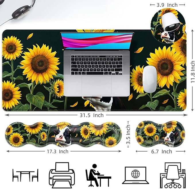 Ergonomic Mouse Pad Set with Wrist Support for Keyboard and Wrist Rest for Mouse, Memory Foam Comfort, Non-Slip Large Desk Mat for Home Office Pain Relief,Cute Sunflower Cow