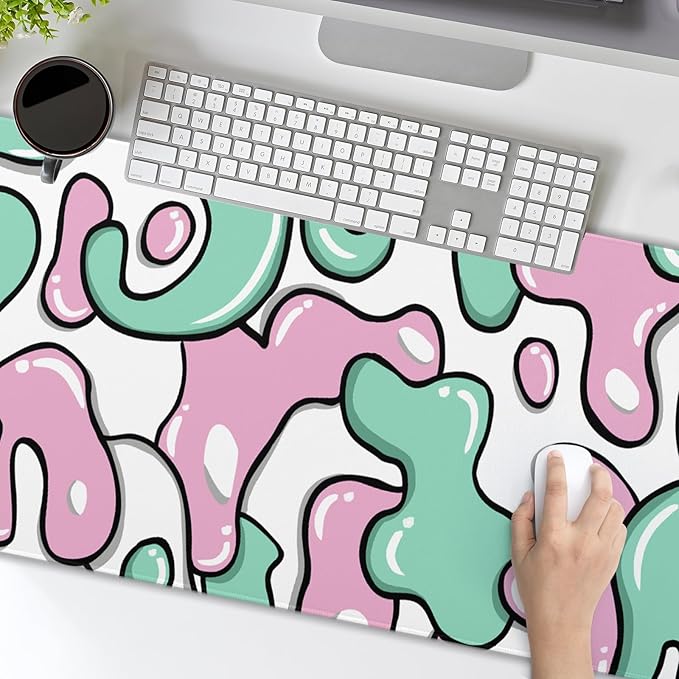 Pink Green White Mouse Pad 35.4”x15.7” Anime Cool Geometric Japanese Desk Mat Extended XXL Mouse Pad Non-Slip Rubber Base Stitched Edge Keyboard Mouse Mat Laptop Desk Pad Large for Working