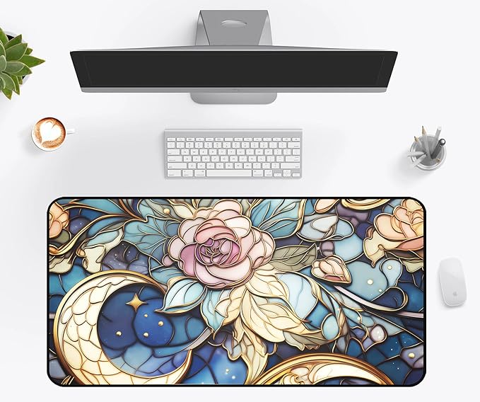 Colorful Glass Desk MST, XXL Mouse Pad with Moon and Rose Flowers, Large Gaming Mouse Pads Mat, Extended Aesthetic Desk Pad, Keyboard Pads, Computer Pad 31.5"X15.7" for Work Game Office Décor