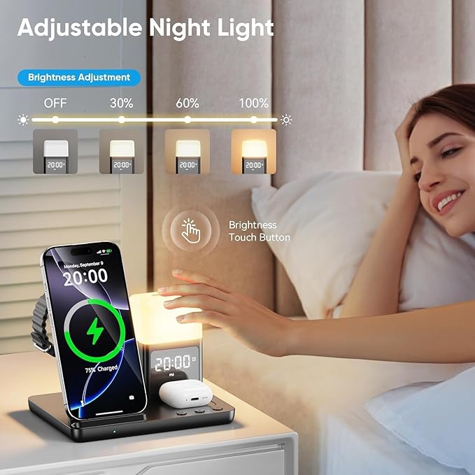 6 in 1 Wireless Charging Station with Clock & Night Light，Alarm Clocks for Bedrooms,Wireless Charger Stand with Beside Clock for iPhone 17/16/15/14/13/12 Pro Max, Apple Watch,Airpods (Black)