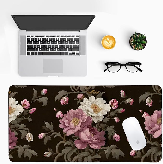 Luxury Peony Blooms Desk Mat, PU Leather Desk Pad with Non-Slip Base - Large Office Keyboard Mat for Women, Ideal Gift for Home & Gaming Setup （31.5 * 15.75in）
