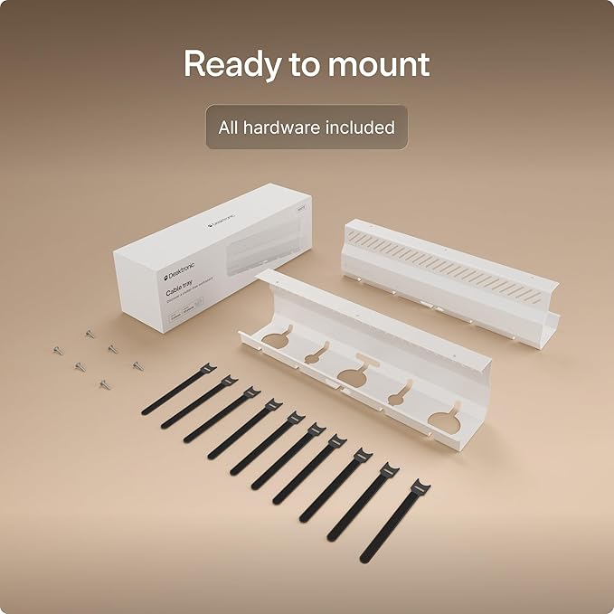 Desktronic Cable Duct Desk White Set of 2 - Stainless Steel Cable Management Desk Cable Duct with 5 Cable Cut-Outs - Easy to Install Cable Organiser - Cable Holder