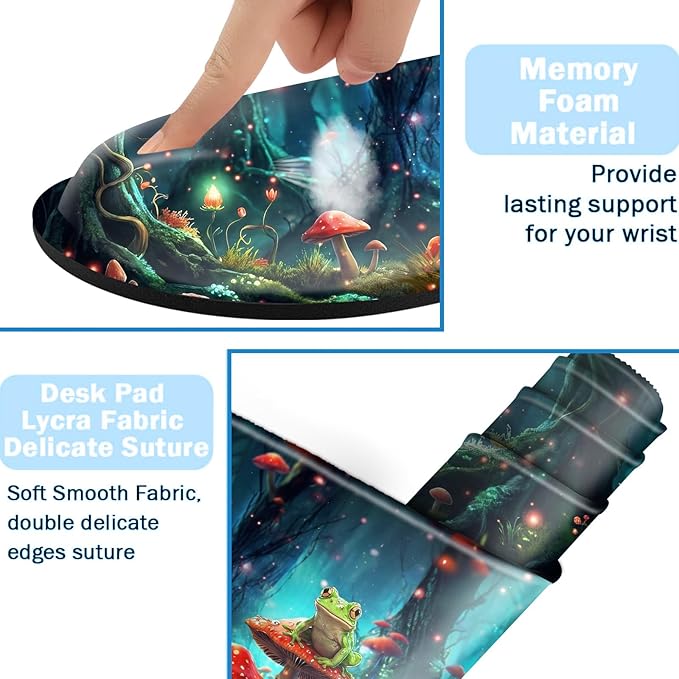 Ergonomic Mouse Pad Set with Wrist Support for Keyboard and Wrist Rest for Mouse, Memory Foam Comfort, Non-Slip Large Desk Mat for Home Office Pain Relief,Aesthetic Mushroom and Frog