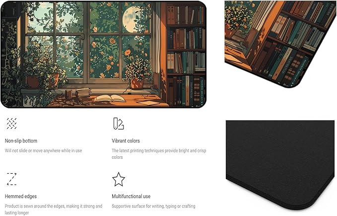 Green Plant Flower Desk Mat, Window Side Moonlight Library Book Mouse Pad, Extended Game Deskpad, XXL Keyboard Mousepad, for Work Game Office Home Retro Forest Desktop Decor 31.5"X15.7"