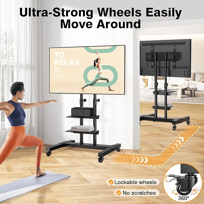 Mobile TV Stand Rolling TV Cart Floor Stand with Mount on Lockable Wheels Height Adjustable Shelf for 32-83 Inch TV Stand Flat Screen or Curved TVs Monitors Display Trolley (Black with 2 Shelves)