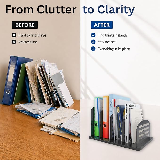 CraftSaints Vertical Desk File Organizer, 4 Sections, Slotted Metal Dividers, Modern Open Design Desk Top File Holder for Home, Office & Classroom