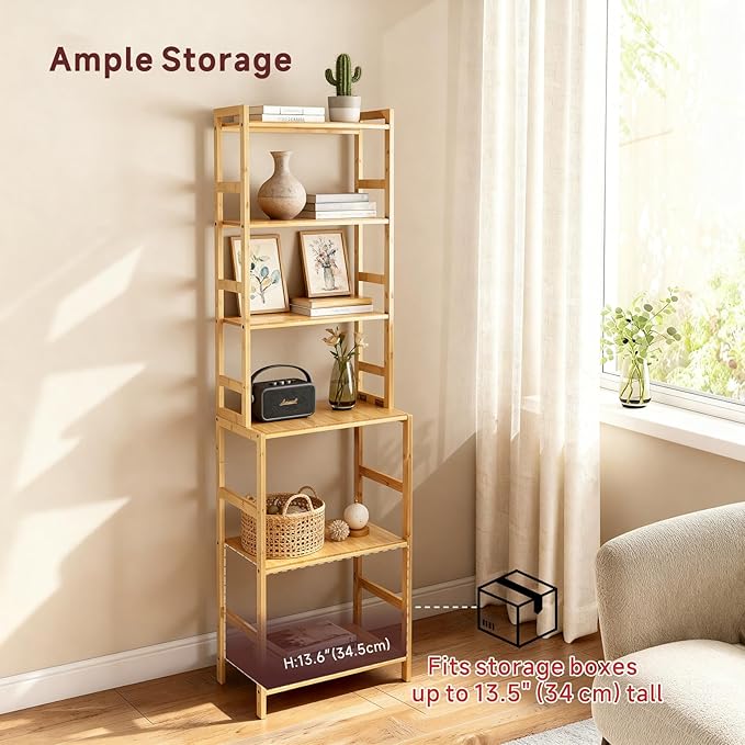 Bamboo Living Room Bookcases, 6 Tier Standing Ladder Shelf Bookshelf, Multifunctional Narrow Shelving Unit Storage Rack for Garage, kitchen, Office, Bookroom, Corner, 42 x 30 x 160 cm