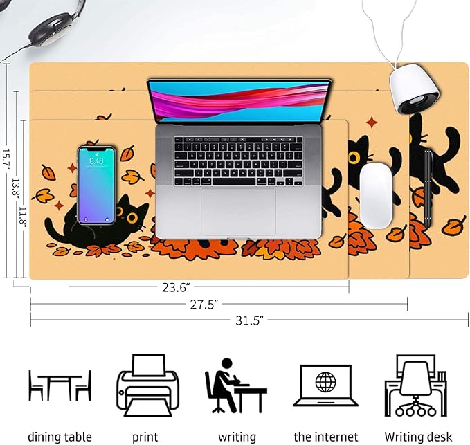 Fall Desk Mat, Black Cat Maple Leaves Large Mouse Pad for Desktop, PU Leather Waterproof Desk Pad, Computer PC Laptop Protector Gaming Mouse Pads for School Office Home Thanksgiving Decorations