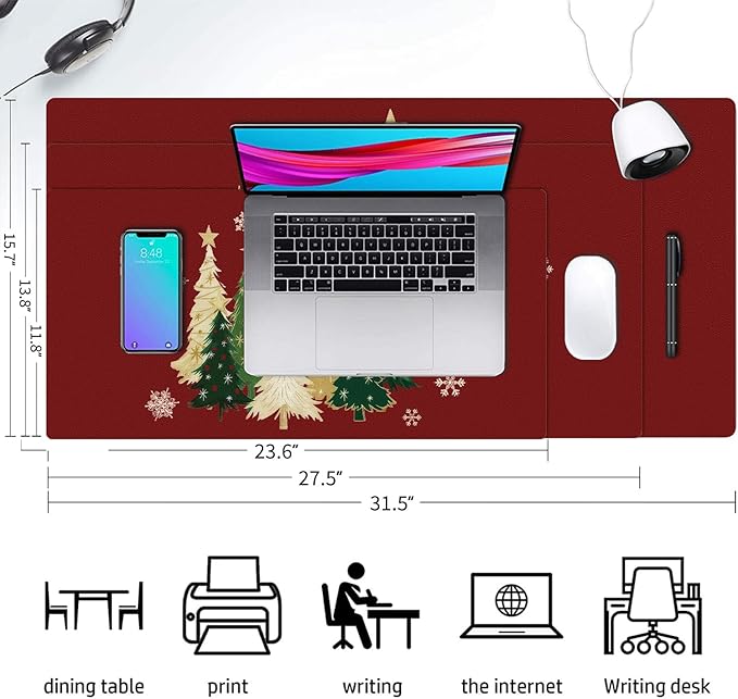 Christmas Desk Mat, Xmas Trees Snowflakes Red Large Mouse Pad for Desktop, PU Leather Waterproof Desk Pad, Computer PC Laptop Protector Gaming Mouse Pads for School Office Home 23.6" x 11.8"