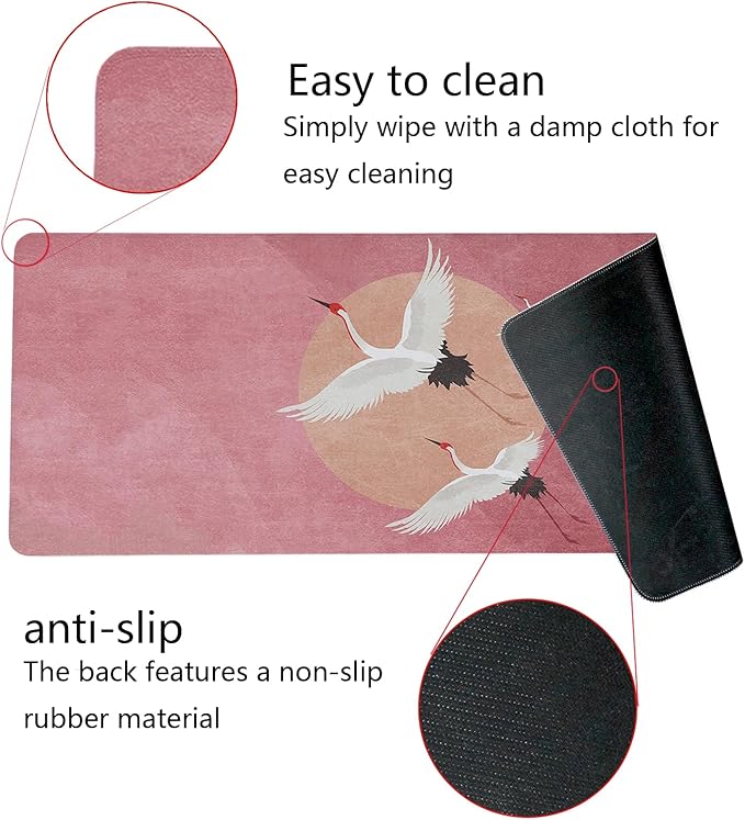 Retro Chinese Style Mouse Pad,Vintage Japanese Style Desk Pad,XL Large China Red Crowned Crane Laptop Desk Mat,Girly Pink Gaming Computer Pads,Girly Desk Mat For Home Office Dorm,31.5x11.8Inch