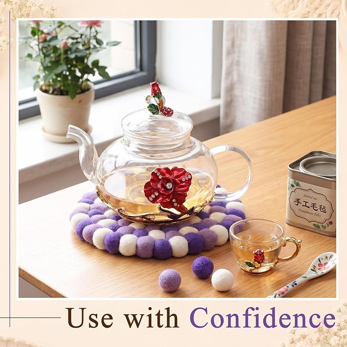 Lallisa 2 Pieces Felt Ball Trivet Round Felt Ball Coasters Handmade Trivet Multi Color Pot Mat Hot Plate Holder Heat Resistant Pot Holder for Table Desk Kitchen Decoration Accessories (Purple)