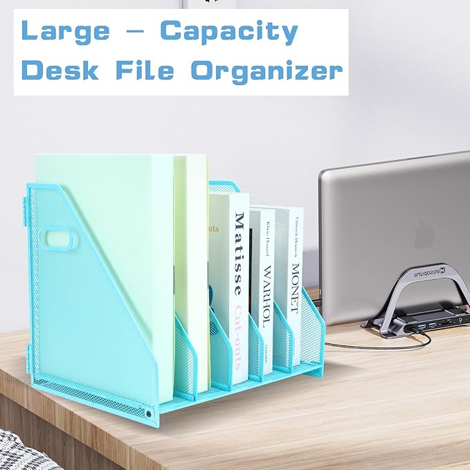Desk Organizers Metal Magazine File Holder Racks Desktop Folder Storage Binder Organiser Document Organization for Home Office & Classroom,5 Vertical Compartments-Blue