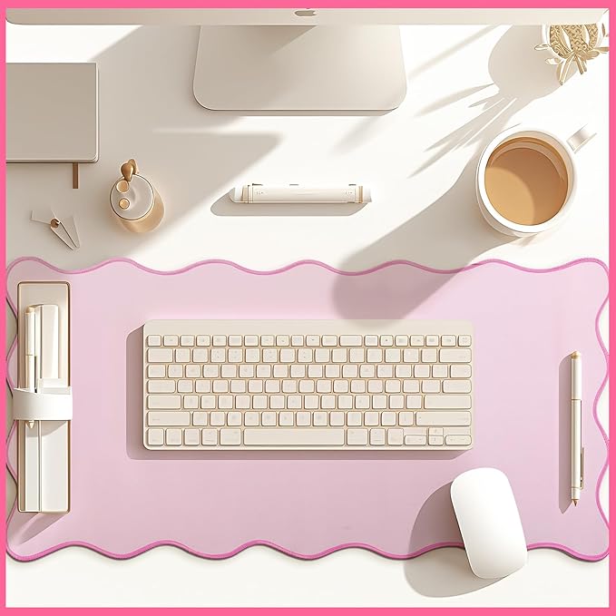 Hahafelt Scalloped Desk Mat Large Desk Pad Cute Coquette Table Mat Aesthetic Preppy Table Make up Pad Nonslip 2026 Graduation Gift with Stitching Waterproof Gaming(Pink,31.5 x 15.8 Inches)
