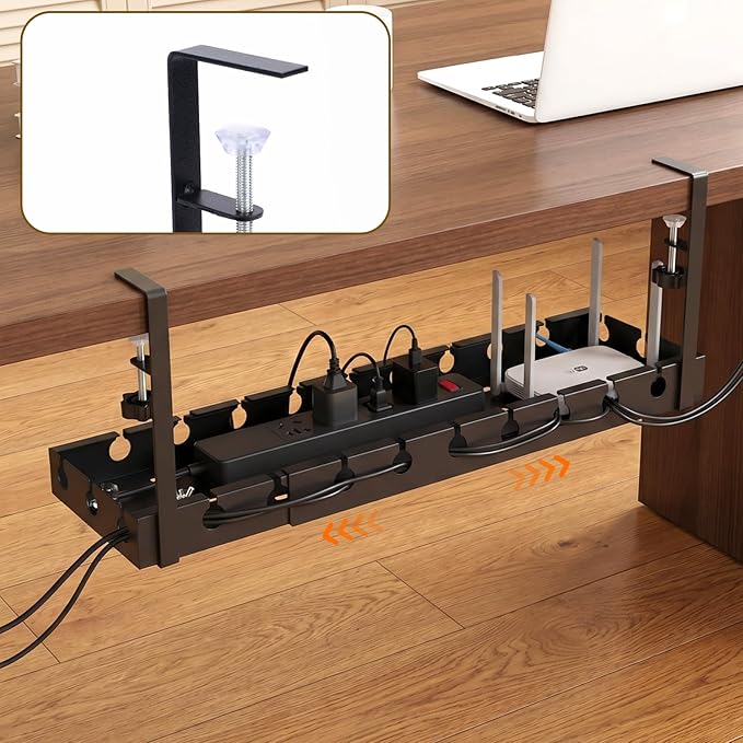 Cable Management Tray Under Desk, 43-74cm/16.9-29.13in Carbon Steel No Drill Wire Cord Organizer with Clamp & Screws Mount Retractable Cable Tray for Office Home PC Wire Management Rack (Gun Gray)
