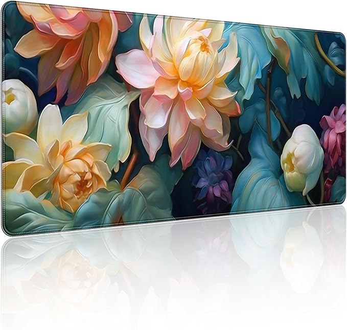 35.4 x 15.7 in, XXL Large Mouse Pad for Desk, Extended Keyboard Mouse Mat for Computer Office, Big Mouse pad with Stitched Edges, Gaming Pc-Colorful Flower Oil Painting Style
