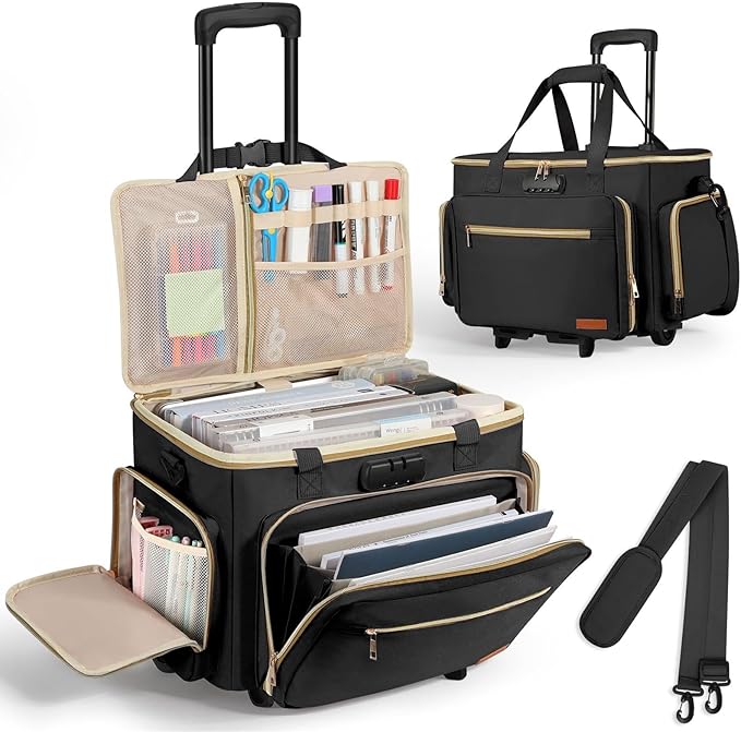 Housolution Rolling Teacher Bag with Wheels, Fits for 17" Laptop, Teacher Tote Bag with Detachable Trolley, Laptop Work Case with Anti Theft Lock, Briefcase Cart with Accordion File Organizer, Black