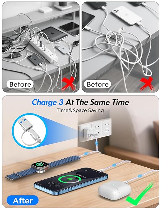 1Pack Multi Charging Cable Cord for Travel Essentials,Apple Watch Charger,iPhone Charger,[3-in-2] Type C/L Cable Portable Designed for iWatch,iPhone 17-8,Galaxy S25-21,AirPods,iPad-4FT Purple