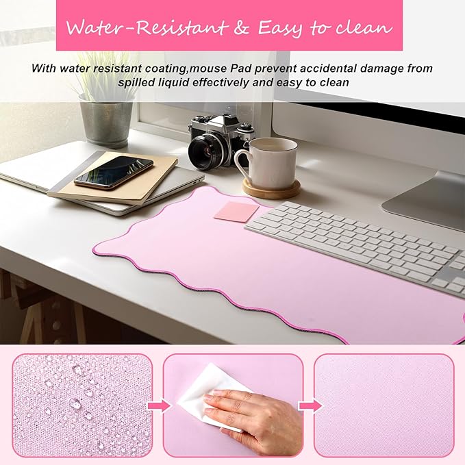 Hahafelt Scalloped Desk Mat Large Desk Pad Cute Coquette Table Mat Aesthetic Preppy Table Make up Pad Nonslip 2026 Graduation Gift with Stitching Waterproof Gaming(Pink,23.6 x 13.8 Inches)