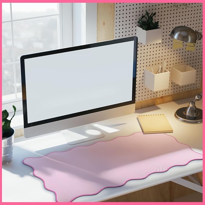 Hahafelt Scalloped Desk Mat Large Desk Pad Cute Coquette Table Mat Aesthetic Preppy Table Make up Pad Nonslip 2026 Graduation Gift with Stitching Waterproof Gaming(Pink,31.5 x 15.8 Inches)