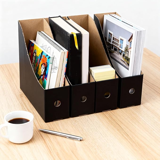 24 Pcs Black Cardboard Magazine File Holder, Foldable Magazine Holder Magazine Storage Box with Labels 10.6×10.2×3.5'' Cardboard Magazine Box for Home Office Desktop Storage