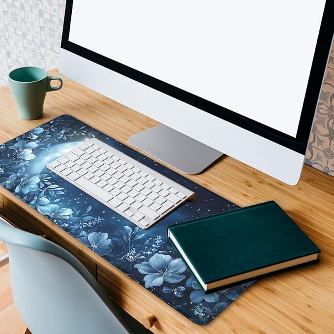 Crescent Mouse Pad Blue Silver Gem Flowers Crescent Stars Mousepad Extended Large Laptop Keyboard Non-Slip Rubber Base with Stitched Edges for Home 31.5x11.8 in
