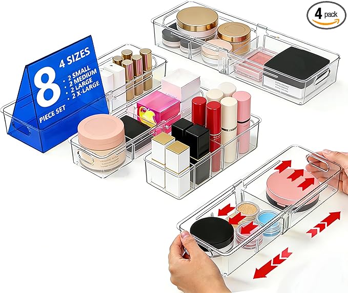BLULEE Adjustable Clear Drawer Organizers, Expandable Bathroom Drawer Organizer Bins with Dividers, Versatile Makeup Organizer for Drawer, Plastic Desk Drawer Organizer (8 Pcs)