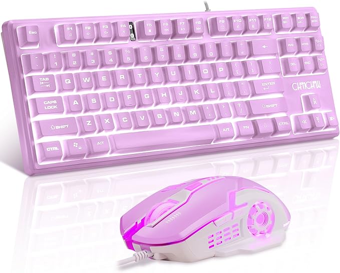 CHONCHOW LED Keyboard and Mouse Combo,Wired 87 Key Mechanical Feel Anti-ghosting Backlight Keyboard with Multimedia Keys for Windows, Mac Desktop/Laptop/PC (Purple)