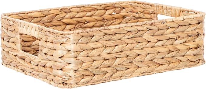 YAHUAN Pantry Basket, Water Hyacinth Storage Basket with Handles Shallow Basket for Organizing, Shelves, Pantry Organizers and Storage, 15.35"L x 11.8"W x 4.72"H (Brown)