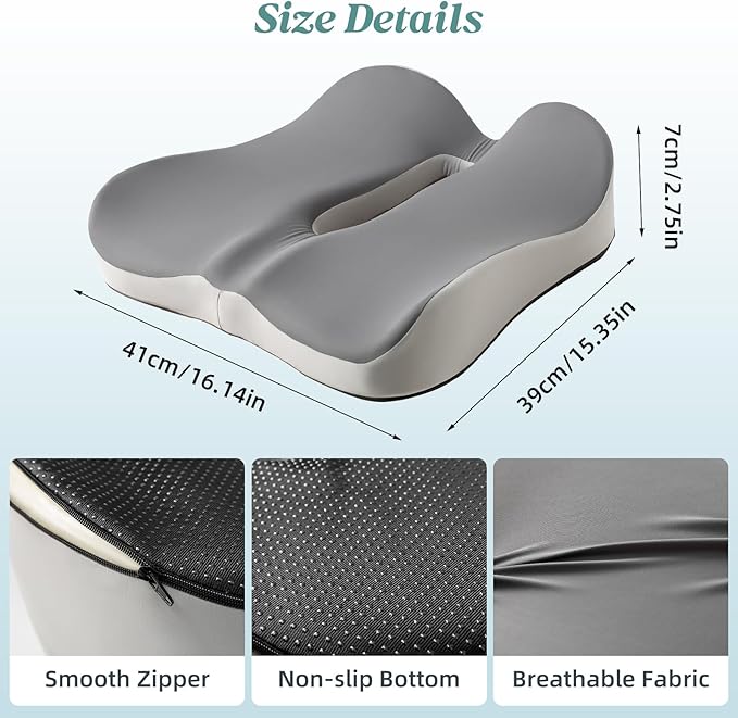 SheRest Seat Cushion, Ergonomic Memory Foam Cooling Cushion, Pressure Relief Suitable for Long Sitting Hours on Office Chairs, Desks, Cars and Airplane Seats, Duplex Gray