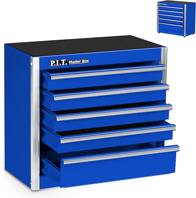 P.I.T. Mini Tool Box 8.6"W X 4.6"D, Portable 5-Drawer Micro Steel Stackable Toolbox with Liner, Blue Cute Tool Case for Small Tools Parts Storage, Home DIY