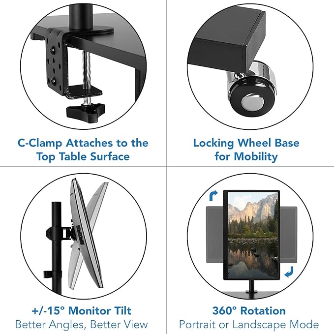 Mount-It! Rolling Adjustable Stand-Up Desk with Monitor Arm - Mobile Computer Workstation & Presentation Cart, in Black Color (MI-7942B)
