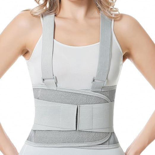 NeoTech Care Back Brace with Suspenders/Shoulder Straps - Light & Breathable - Lumbar Support Belt for Lower Back Pain - Posture, Work, Gym - Grey Color (Size XL)