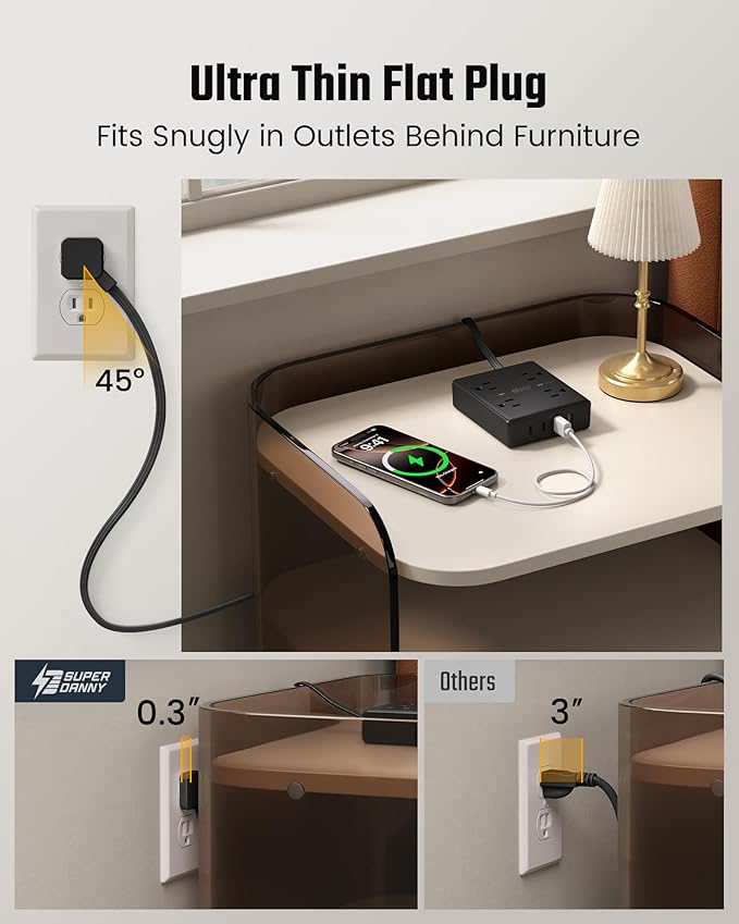 SUPERDANNY Flat Plug Power Strip Surge Protector 10 Ft Long Flat Extension Cord with 4 Outlets & 4 USB (2 USB-C) Charging Station for Home Office, College Dorm Room Essentials, Travel, Black