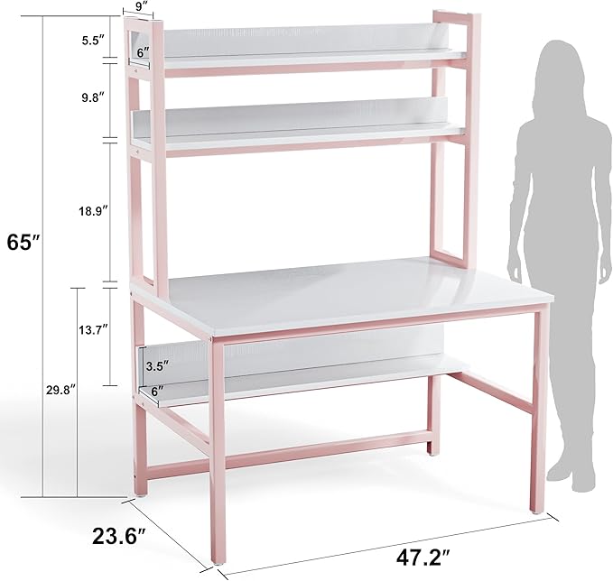 Aquzee Pink Girls Desk Hutch, 47in Woman Computer Desk with Bookshelf & Storage Shelves, Space Saving Girls Writing Study Craft Table for Bedroom Kids Room, White Wood & Pink Iron Home Office Desks