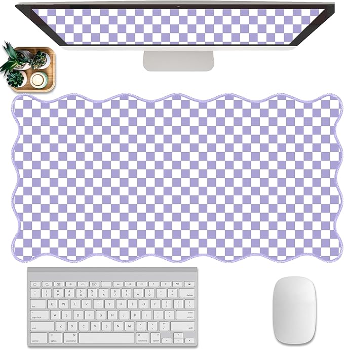 Scalloped Desk Mat Extended Large Cute Purple Mouse Pad Farmhouse Desk Pad XXL Aesthetic Plaid Mousepad Checkered Gaming Mouse Pad for Keyboard Computer Laptop Home Office Accessories Girl 35.4X15.7In