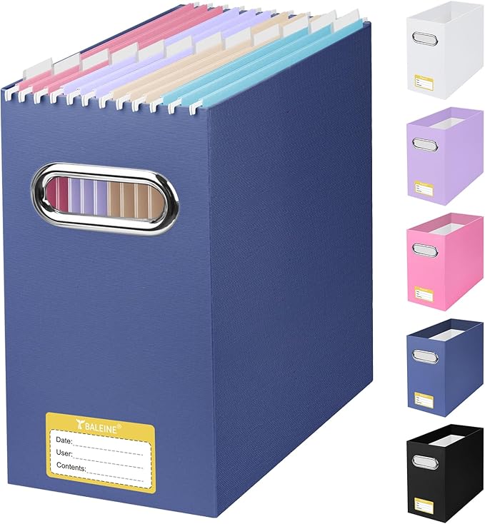 BALEINE File Organizer Box, Cardboard File Folder Organizer with Handle for Letter Size, Portable Collapsible Hanging Filing Box for Home Office Document Storage (1 Pack, Navy)