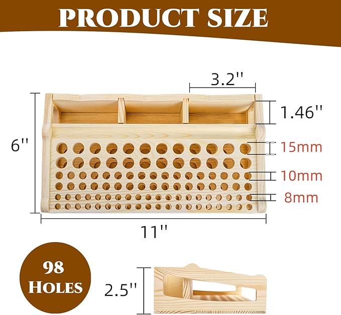 Acshio Leather Craft Tool Holder, 98 Holes Wooden Desktop Leather Working Tools Organizer with 3 Slots, Professional Large Making Punch Tools Rack Stand Storage Box for Brushes, Craft Tools