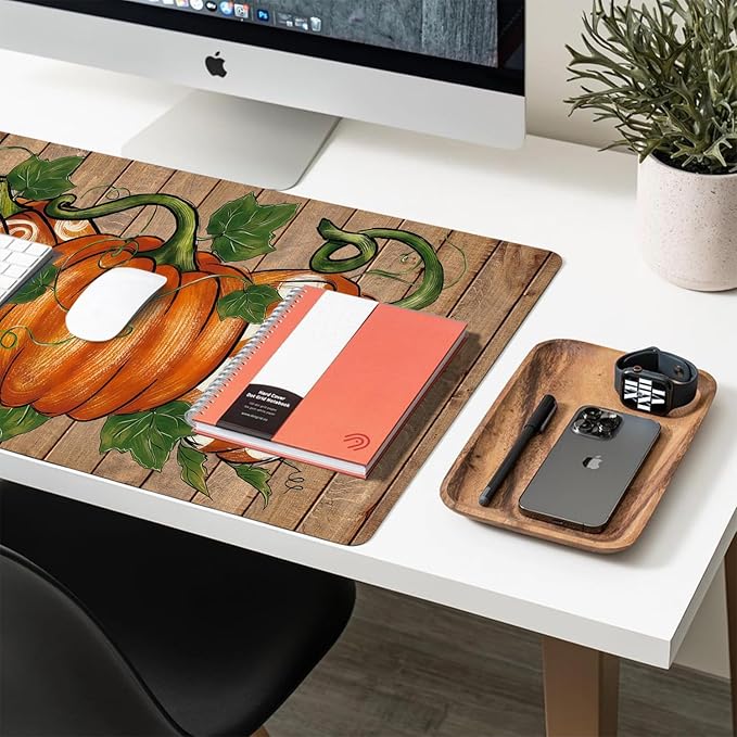 Fall Desk Mat, Pimpkins Wood Large Mouse Pad for Desktop, PU Leather Waterproof Desk Pad, Computer PC Laptop Protector Gaming Mouse Pads for School Office Home 23.6" x 11.8"