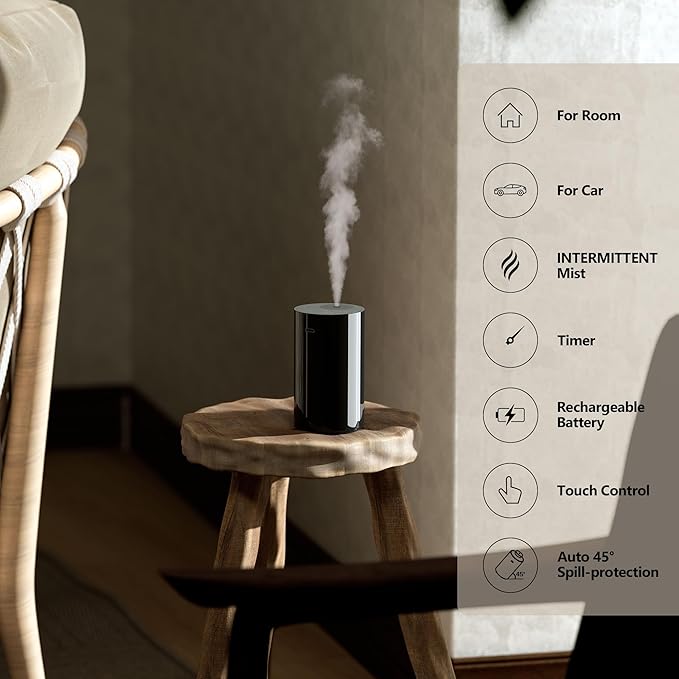 Airversa Waterless Essential Oil Diffuser Starter Kit with 2x20mL Luxury Hotel Fragrance Oils for Home Car Office, Battery Operated Mini Scent Air Machine Portable Diffuser, AN8KIT-B Black