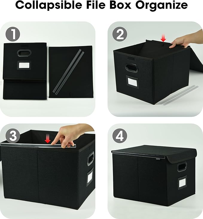 Qerlei File Organizer Boxes with Lids,Collapsible File Folder Organizer with Plastic Slide,Collapsible Filing & Storage Boxes for Office/Decor/Home (Black, 1 Pack)