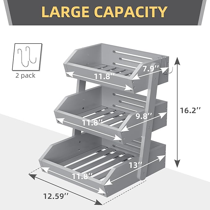 Hellojin Bamboo 3 Tier Fruit Basket For Counter, Large Capacity Fruit Storage Countertop, Fruit Holder, Wooden Pantry Organizers and Storage, Kitchen Countertop Organizer With 2 Banana Hangers (Grey)