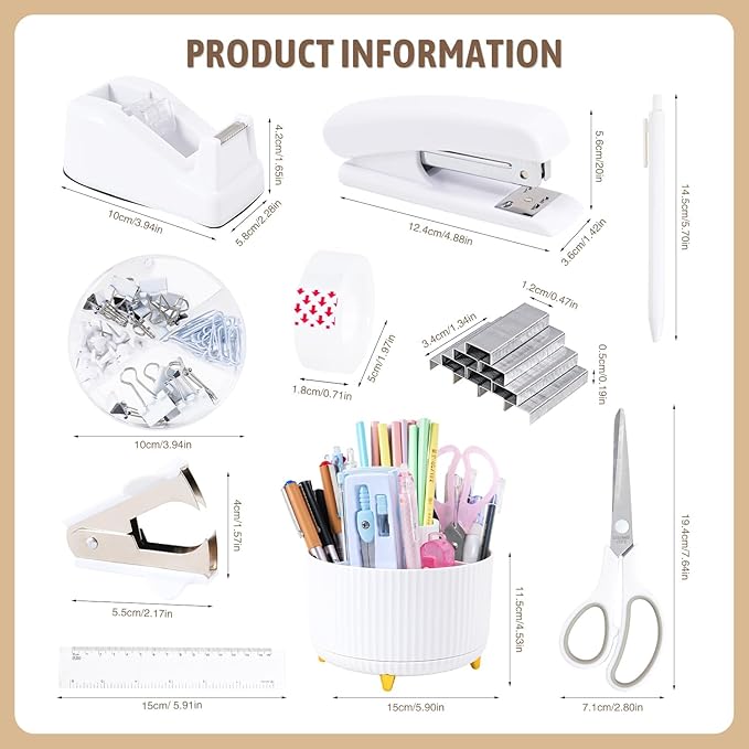 White Desk Accessories 12Pcs Set, Cute Office Supplies Decor for Women, 360° Rotating Pen Holder Organizer with Stapler, Tape Dispenser, Staple Remover, Staples, Tape, Clips Set, Ruler, Scissor, Pen